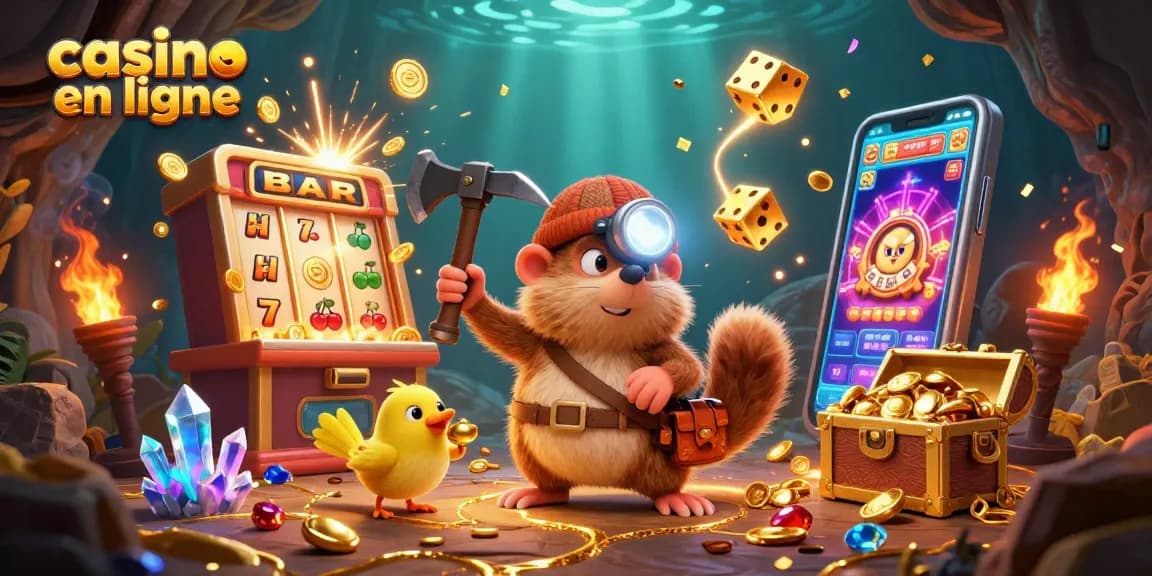 Jouez au casino en ligne avec des gains de jackpot et un chasseur de trésor dans une scène riche en couleurs.