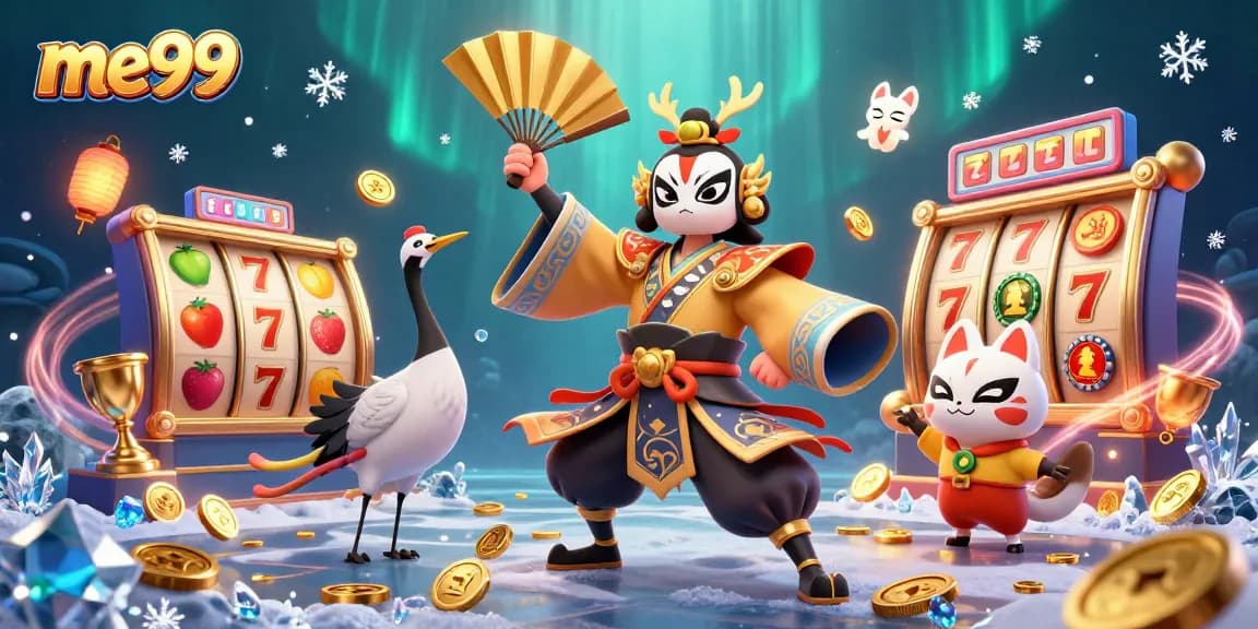 Win big at me99 as the kabuki warrior spins the reels surrounded by vibrant casino elements.