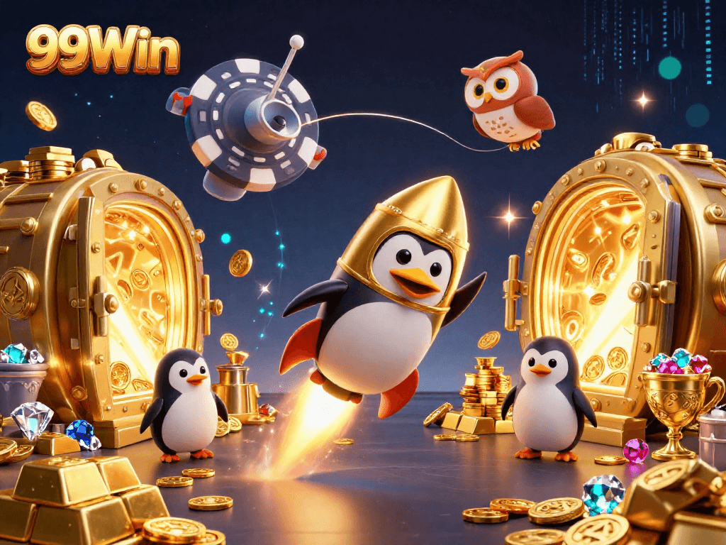 Experience thrilling wins at 99Win with golden treasures and cartoon characters lighting up the casino atmosphere.