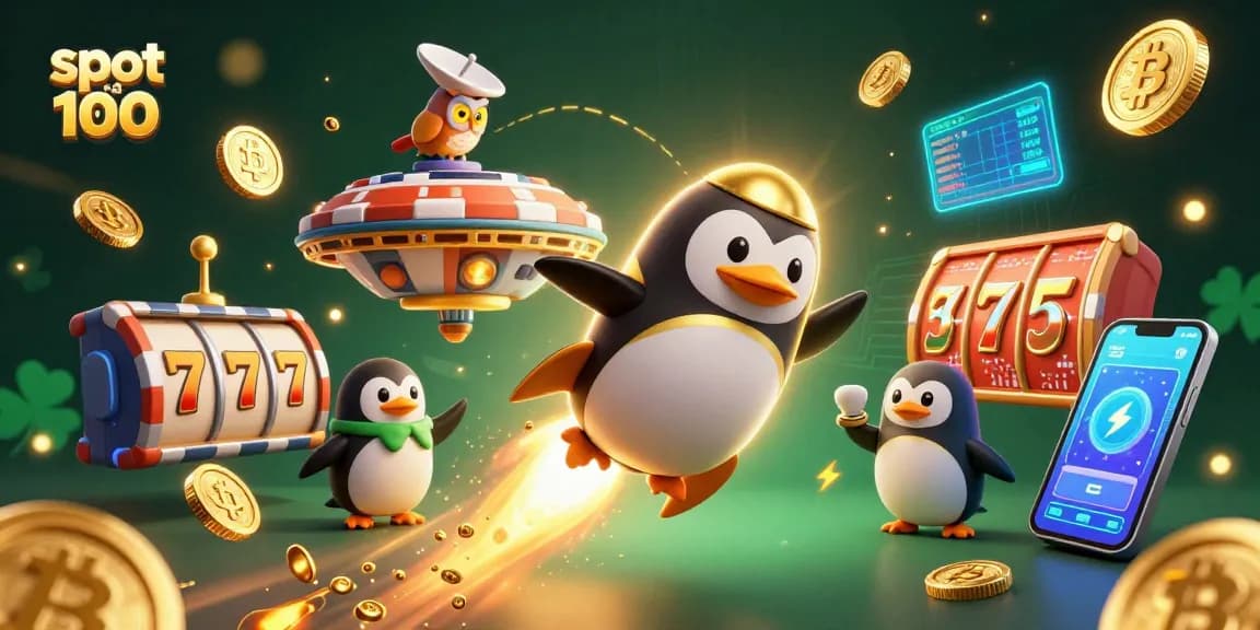 Experience slot bet 100 with a golden penguin and thrilling casino elements in this dynamic illustration.