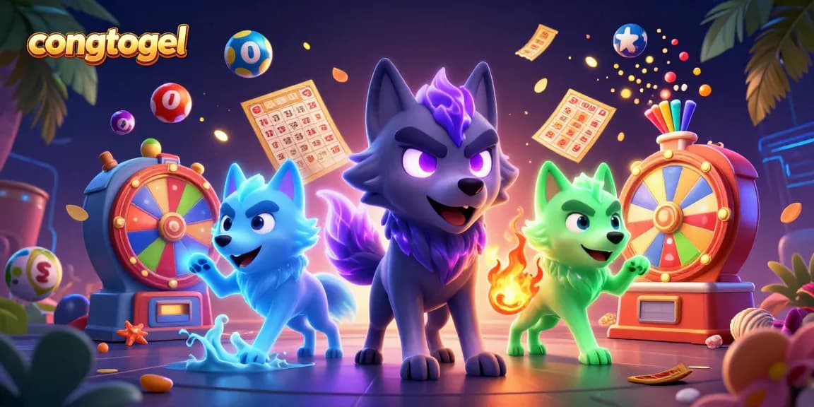 congtogel's colorful lottery scene with energetic wolves and vibrant game elements