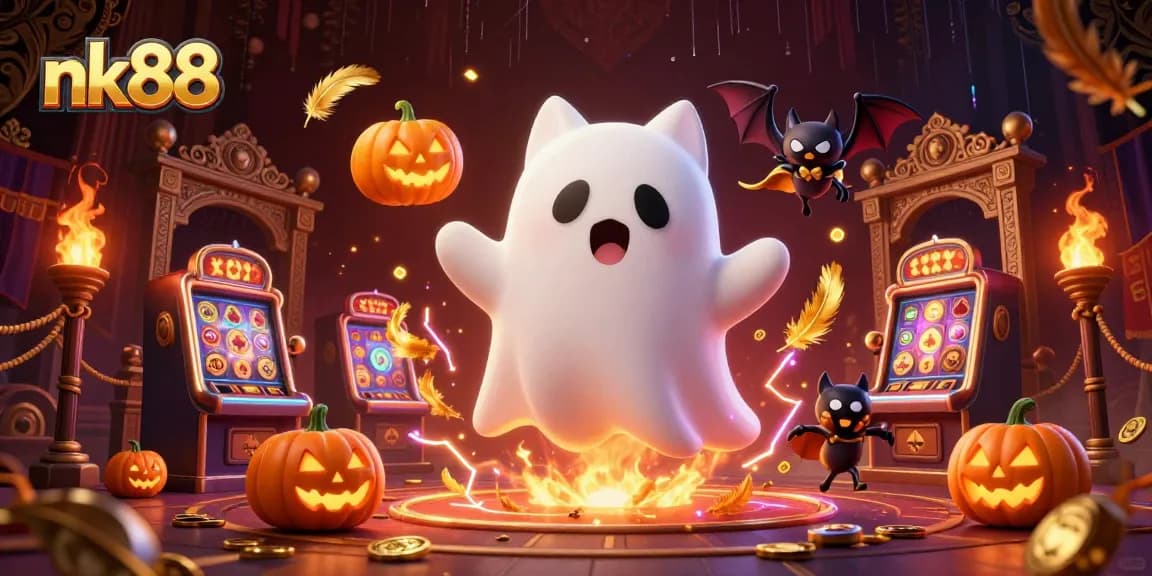 Experience thrilling gameplay at nk88 with a ghost cat and vampire bat in a haunted casino.