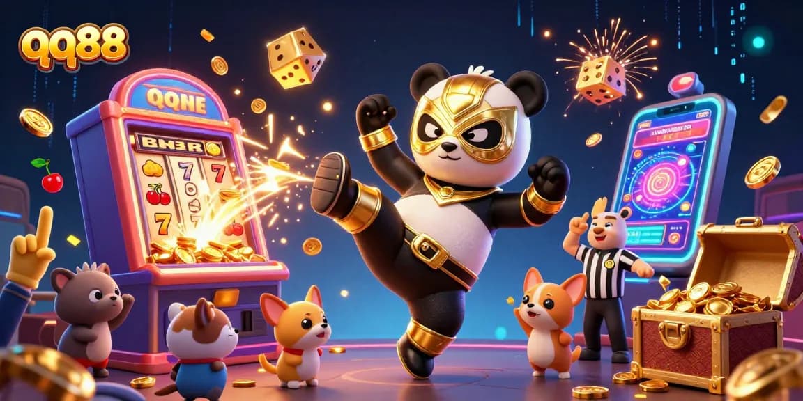 Experience the thrill of qq88 with a dynamic 3D illustration featuring a wrestler panda and exciting casino elements.