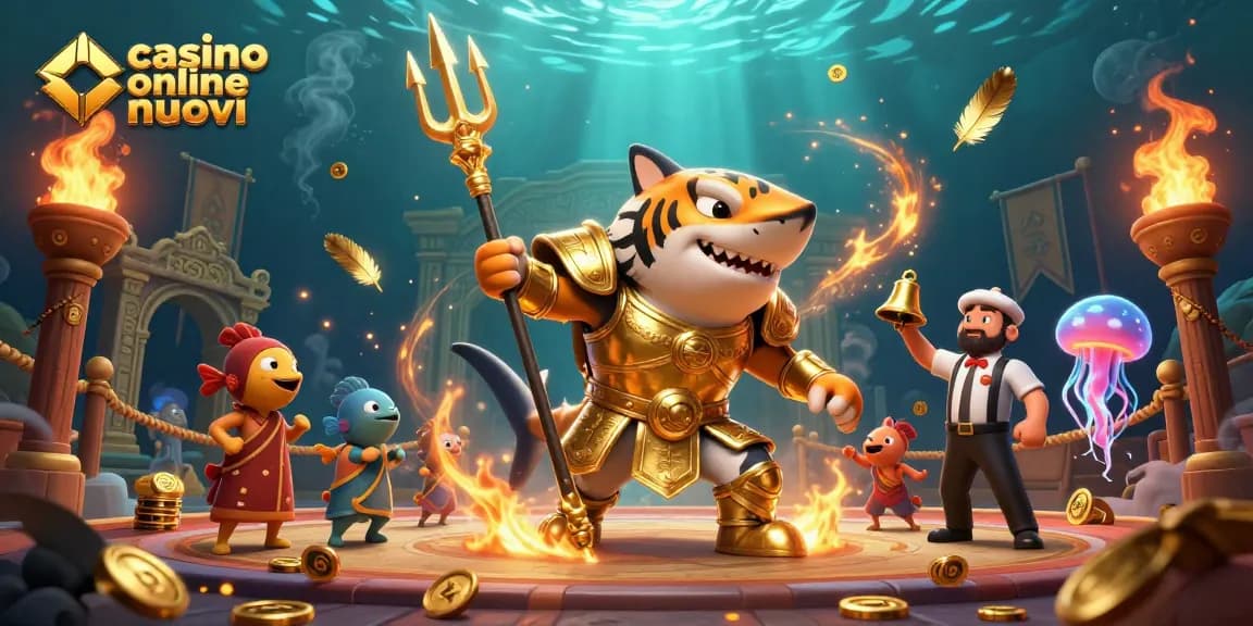 Immagine vibrante che illustra "casino online nuovi" con uno squalo tigre 3D e elementi degli antichi giochi.