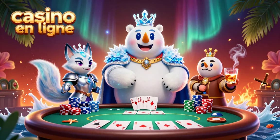 Lancez-vous dans le casino en ligne avec des personnages 3D animés entourés de jetons de poker colorés et d'une ambiance festive.