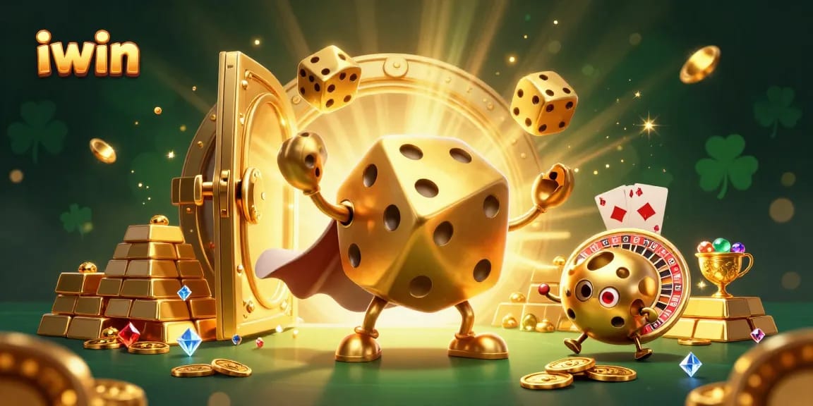 Win big with iwin's engaging 3D casino illustration showcasing vibrant golden dice and gaming elements.