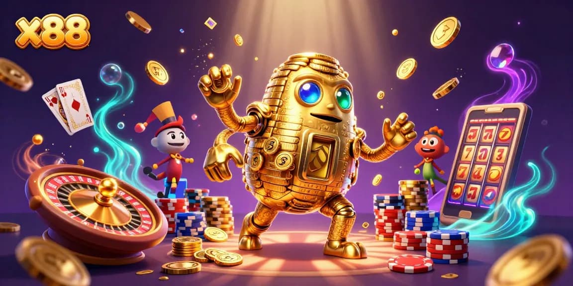 Experience thrilling x88 casino action with a dynamic golden golem and vibrant gaming elements!