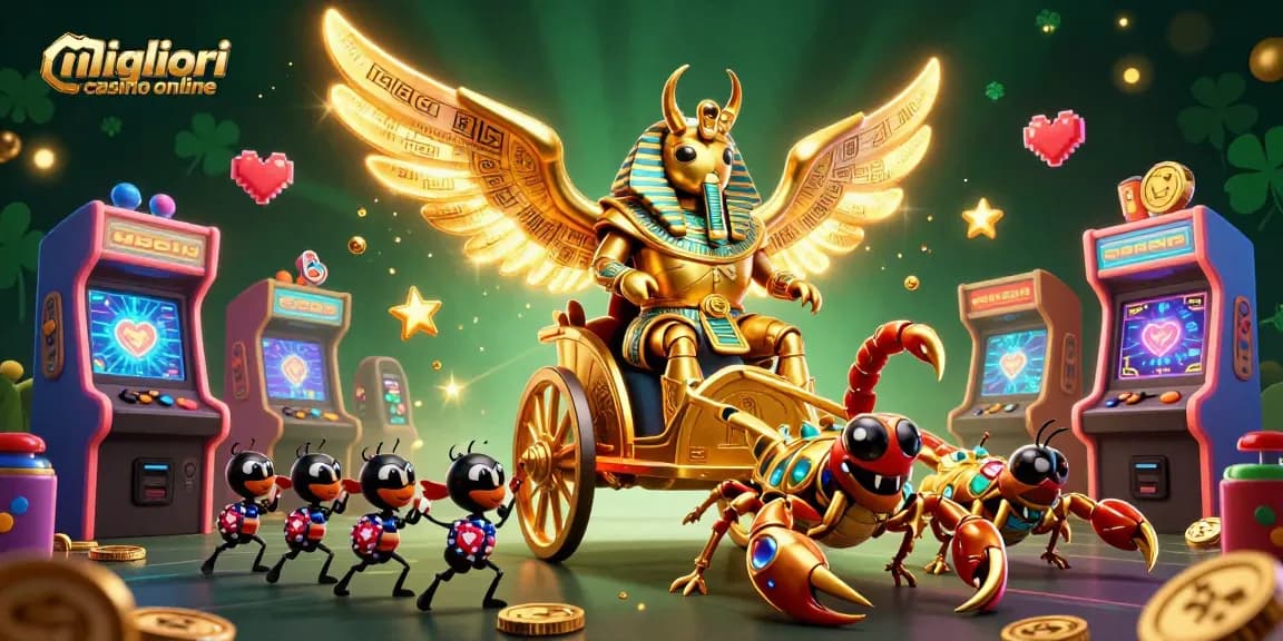 Scopri i migliori casino online con l'illustrazione di un scarabeo dorato e giochi di ispirazione!