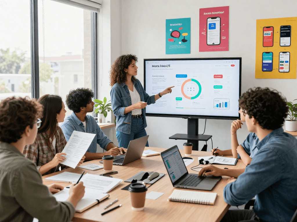 Purchase app installs strategy meeting with dynamic marketing team in collaborative workspace.