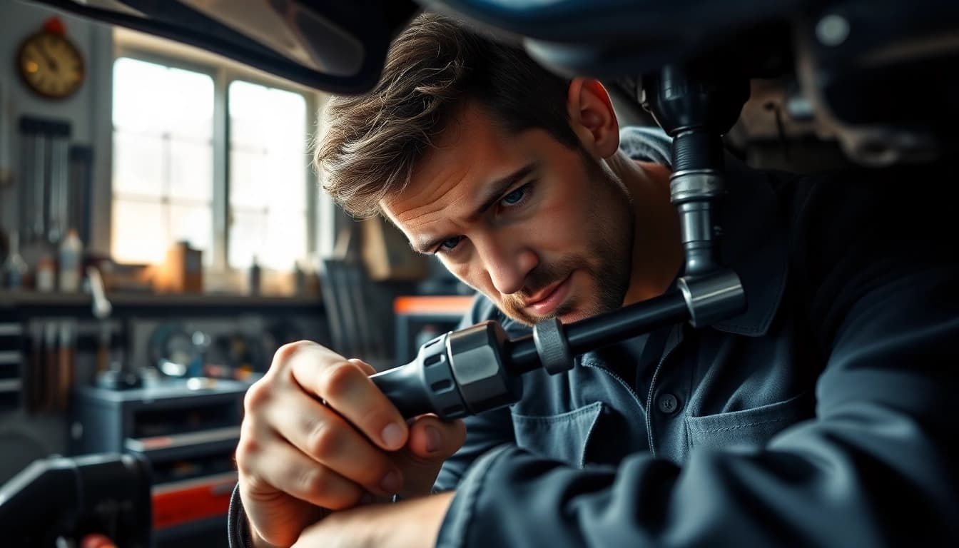 Un técnico utiliza una carraca 3/8 para ajustar un automóvil con precisión y enfoque.