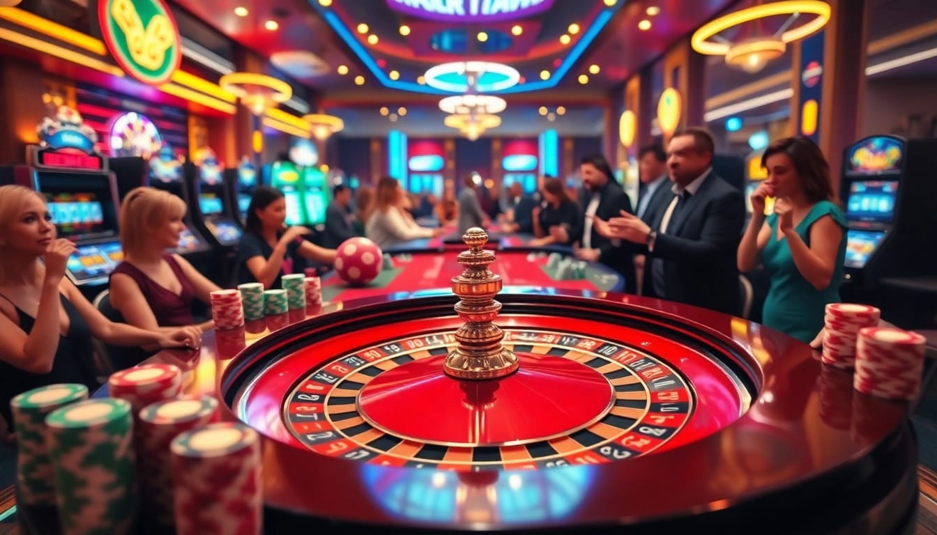 Bermain Slot Depo 5000 di meja roulette dengan pemain yang antusias dan warna cerah.