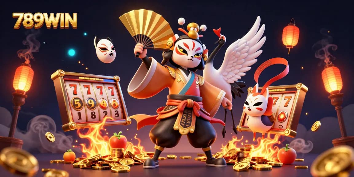 Engage in winning slots at 789WIN, featuring vibrant kabuki characters with rich gaming elements.