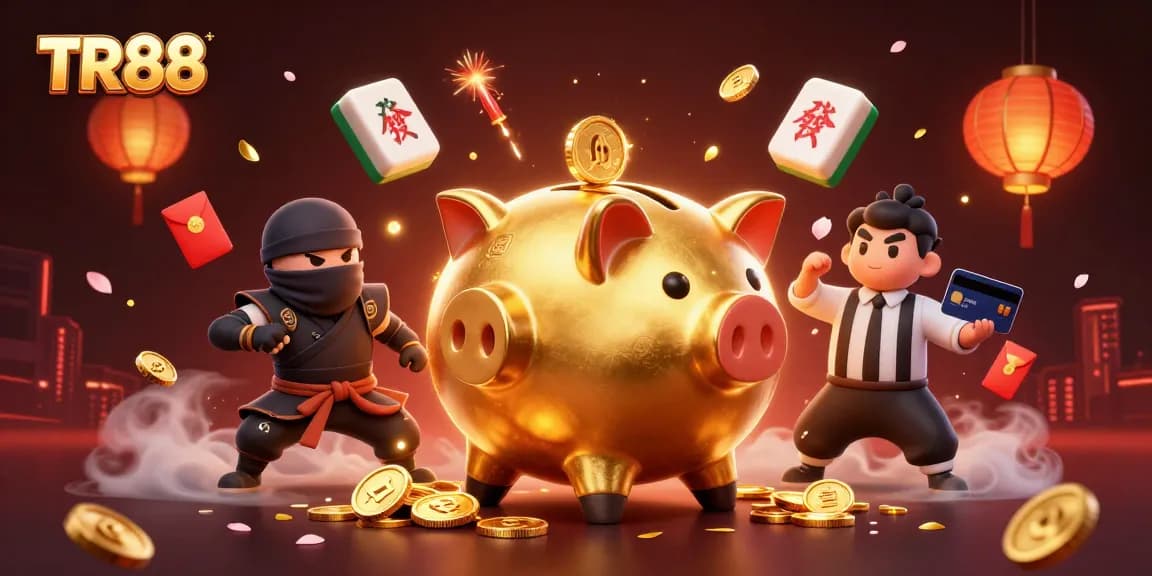 TR88 showcases a dynamic casino scene with a golden piggy bank sumo wrestler, a wallet-ninja, and a credit-card samurai.