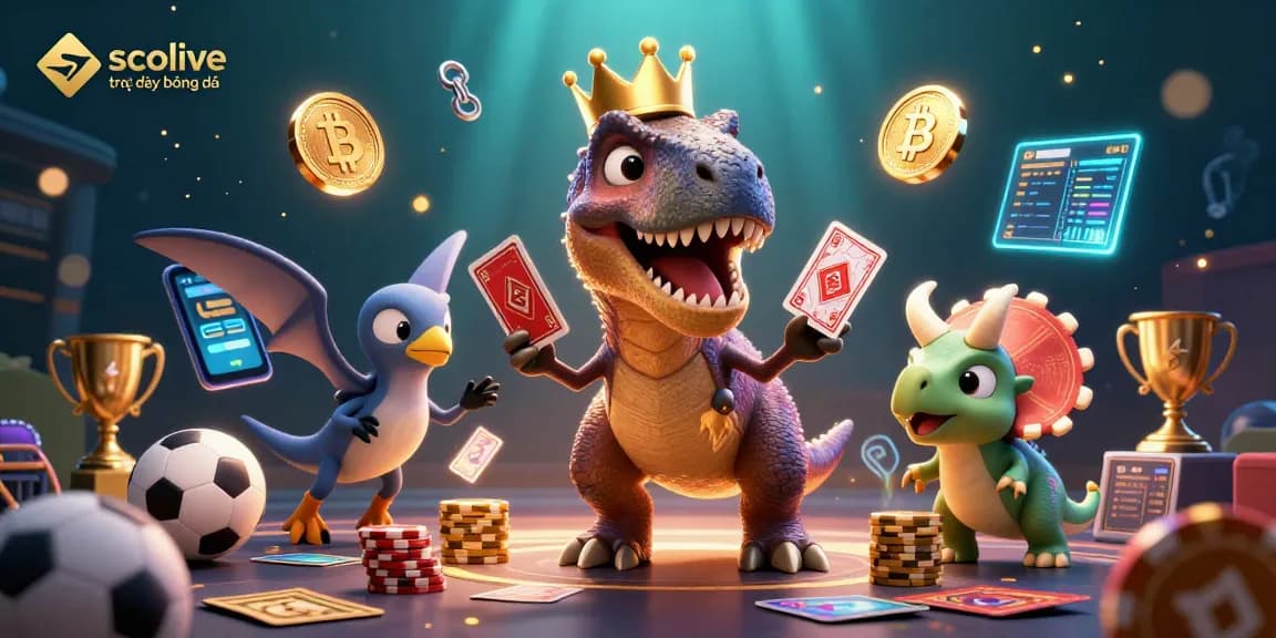 Experience socolive trực tiếp bóng đá as a T-Rex deals cards and a triceratops stacks chips in a vibrant casino scene.