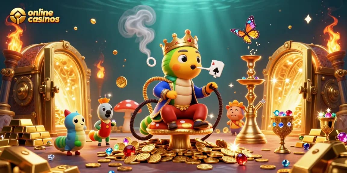 Engage with online casinos in a vibrant 3D scene featuring a caterpillar hookah-master, golden treasures, and poker symbols.