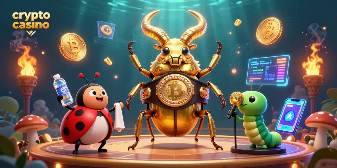 Jouez au crypto casino avec des personnages colorés, des pièces Bitcoin et Ethereum, et une ambiance dynamique
