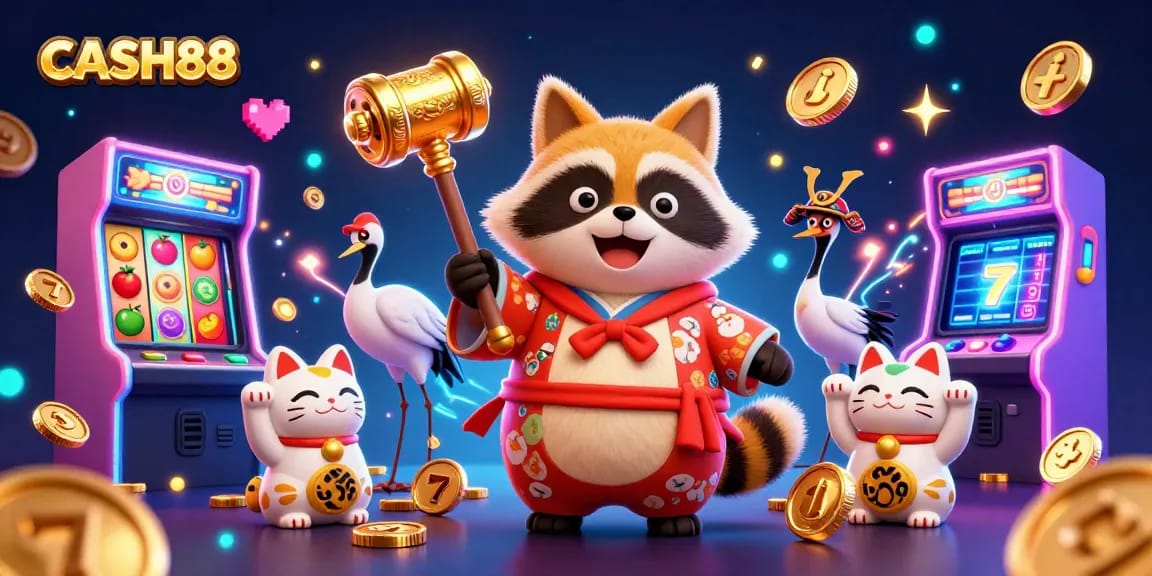 CASH88 showcases a vibrant, energetic casino scene with a cheerful tanuki and lucky charms, highlighting festive gaming.