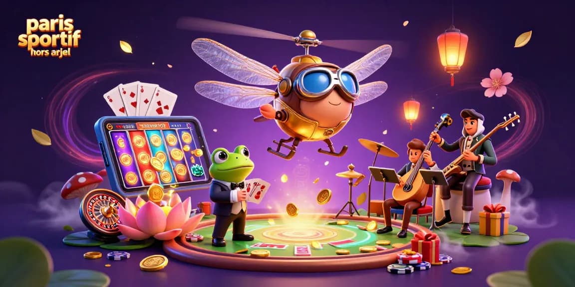 Vivez l'excitation des paris sportifs hors ARJEL avec un pilote de libellule et un croupier grenouille animés.