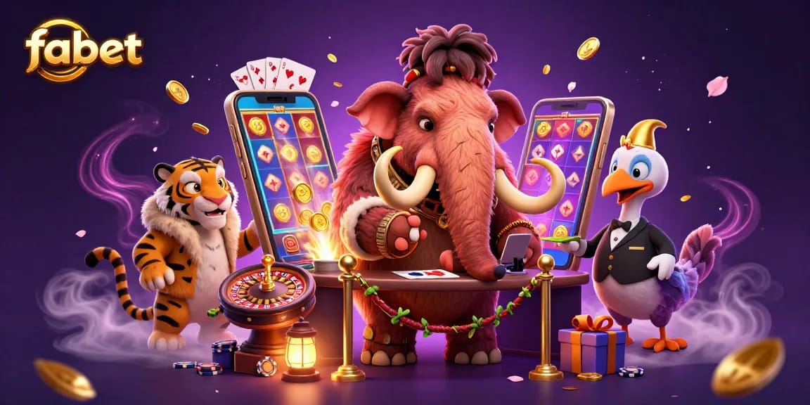 Experience fabet's vibrant casino world with a woolly mammoth bouncer checking IDs amidst dynamic gaming elements.