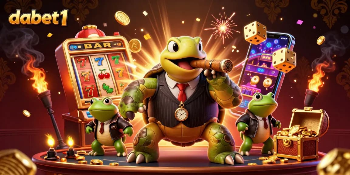 Dabet1 showcases a vibrant 3D casino scene with a snapping turtle and frog enforcers amid a jackpot explosion.
