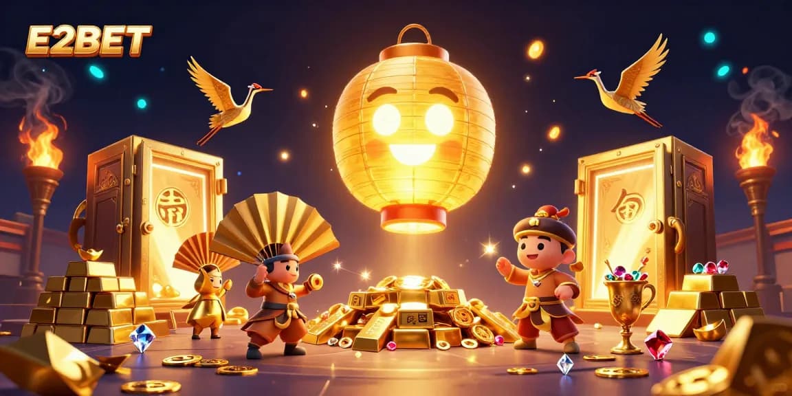 E2BET's vibrant night market casino scene with golden lantern spirit and treasure elements