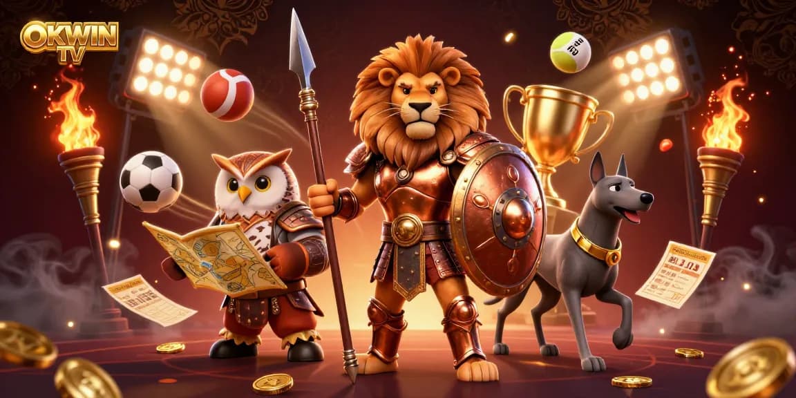 Experience thrilling action with OKWIN TV in an ultra-detailed scene of sports betting champions.