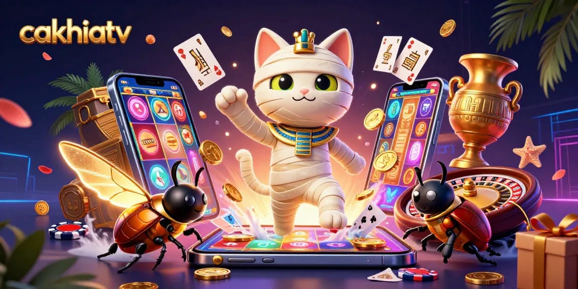 Cakhiatv captivates with a 3D Egyptian mummy cat in a vibrant casino, spinning slot game reels and glowing scarab.
