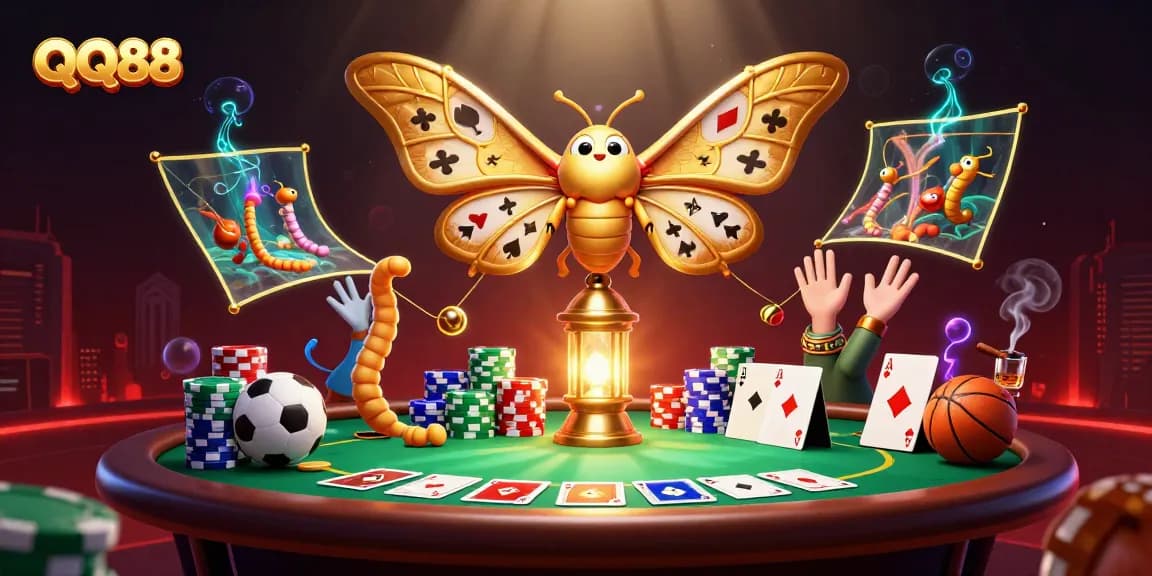 Experience QQ88's thrilling casino scene with a 3D moth, poker elements, and vibrant colors.