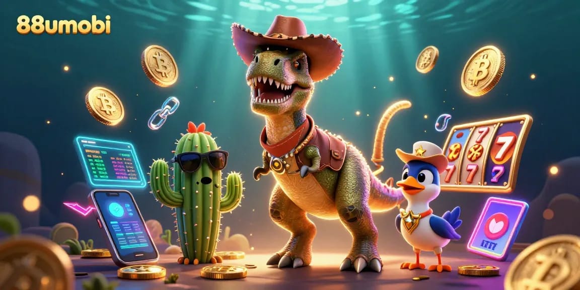 Experience thrilling gameplay with 88uumobi's cartoon dinosaur characters in a vibrant gambling scene.