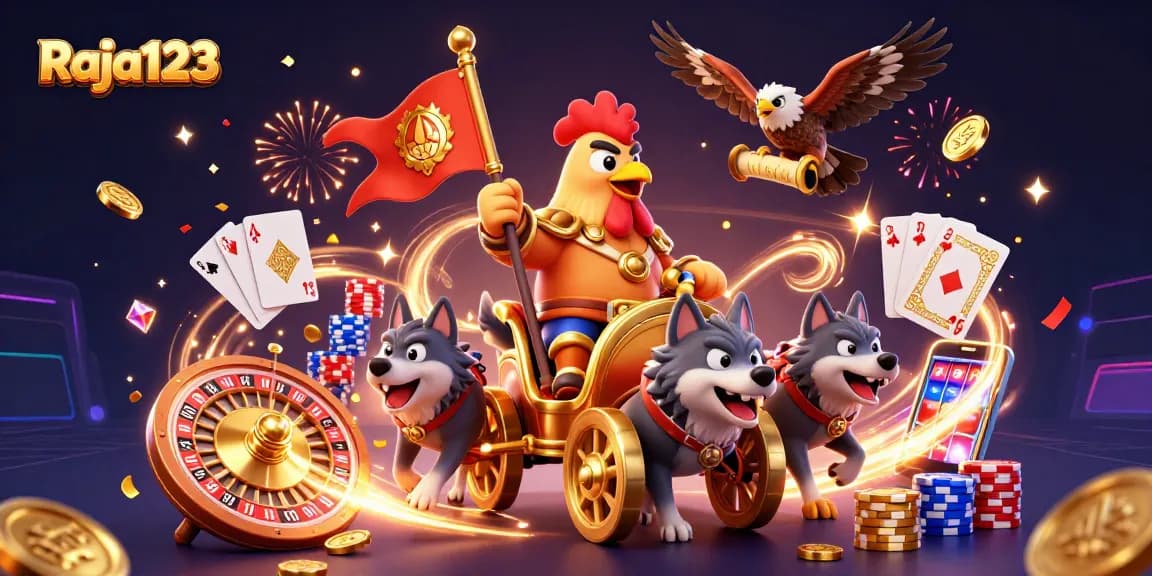 Experience thrilling gameplay with Raja123, showcasing a rooster warlord amidst casino excitement.
