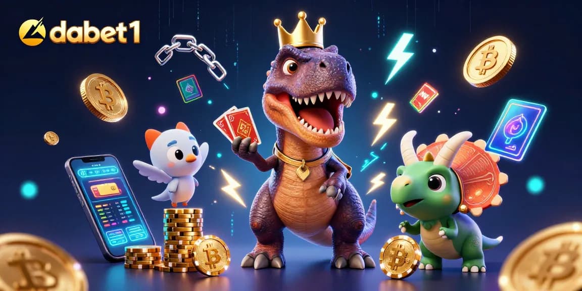 dabet1 features a cartoon T-Rex playing cards in a vibrant casino-themed scene