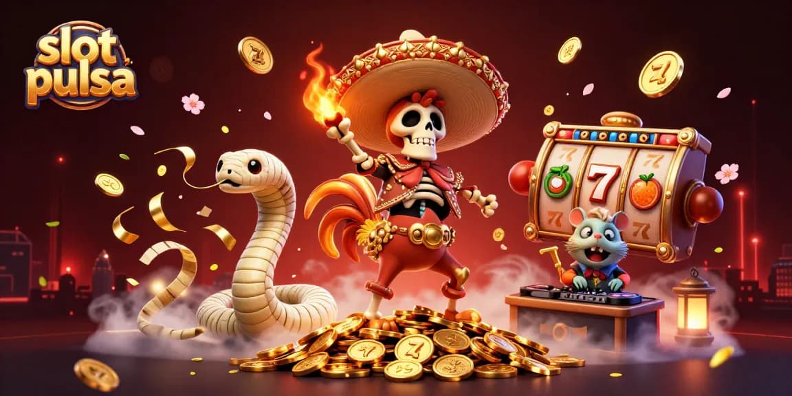 Menggoda slot pulsa dengan skeleton mariachi dan elemen permainan berkilau dalam suasana kasino yang meriah.