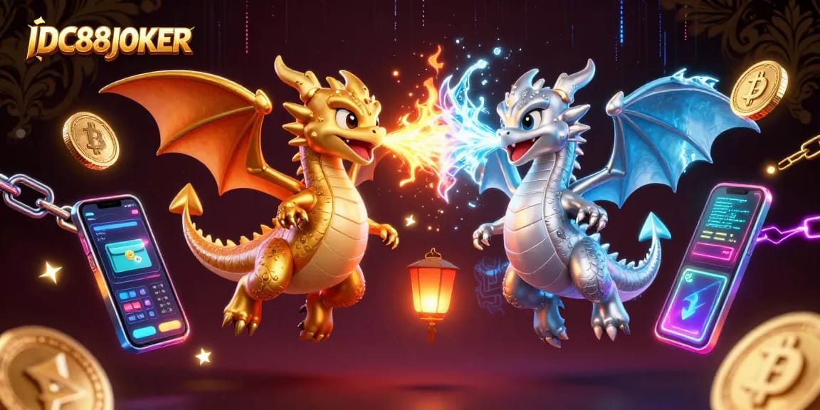 Experience thrilling play at IDC88JOKER with the dynamic casino scene featuring dragons and crypto elements.