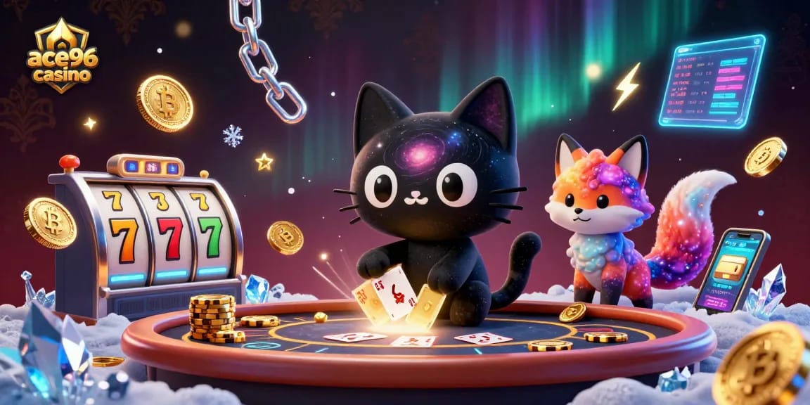 Experience ace96 casino's vibrant universe with a captivating 3D illustration of games and crypto elements.