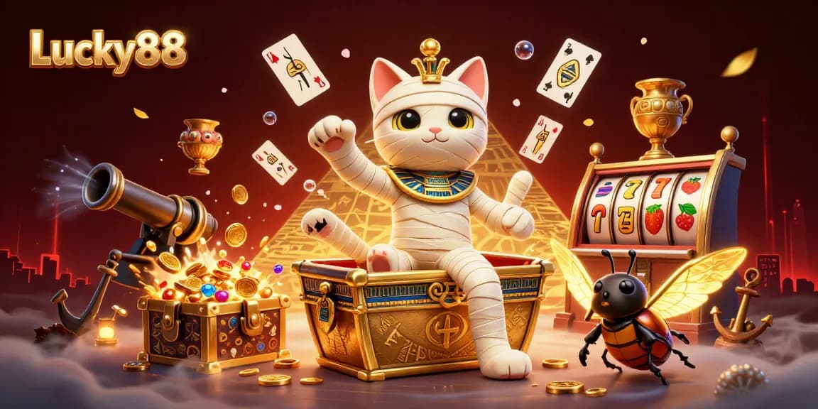 Engage in thrilling gameplay at Lucky88 with 3D mummy cat and glowing scarab in vibrant casino.