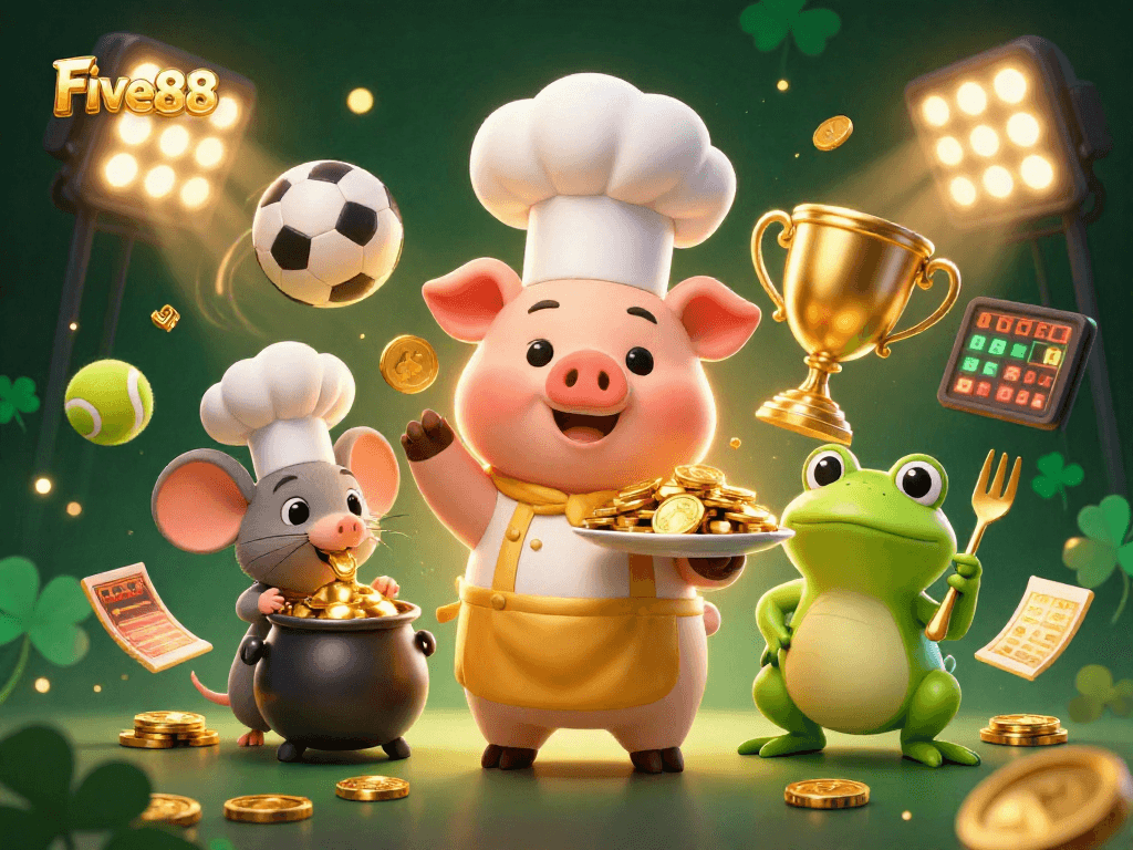 Experience the excitement of betting at Five88 with a vibrant casino scene full of action and gold.