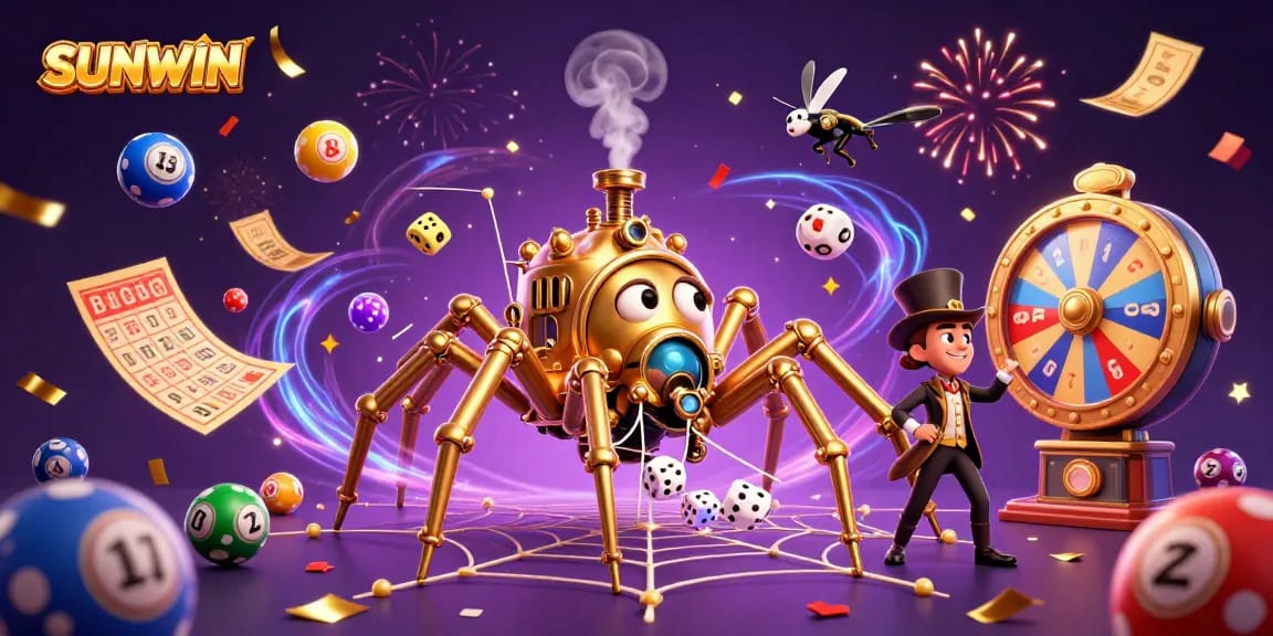 SUNWIN entertains players with a vibrant scene featuring a steampunk spider amidst falling lottery balls and a dynamic prize wheel.