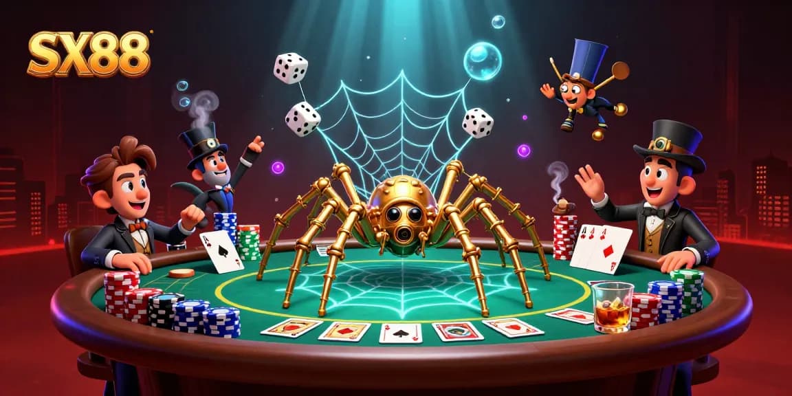 SX88 spider ensnares unlucky dice amidst poker chips and cards in a vibrant casino scene
