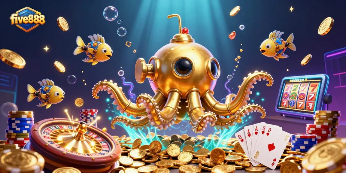 Experience thrilling action at five888 with a vibrant casino scene featuring golden kraken submarine and dynamic game elements.