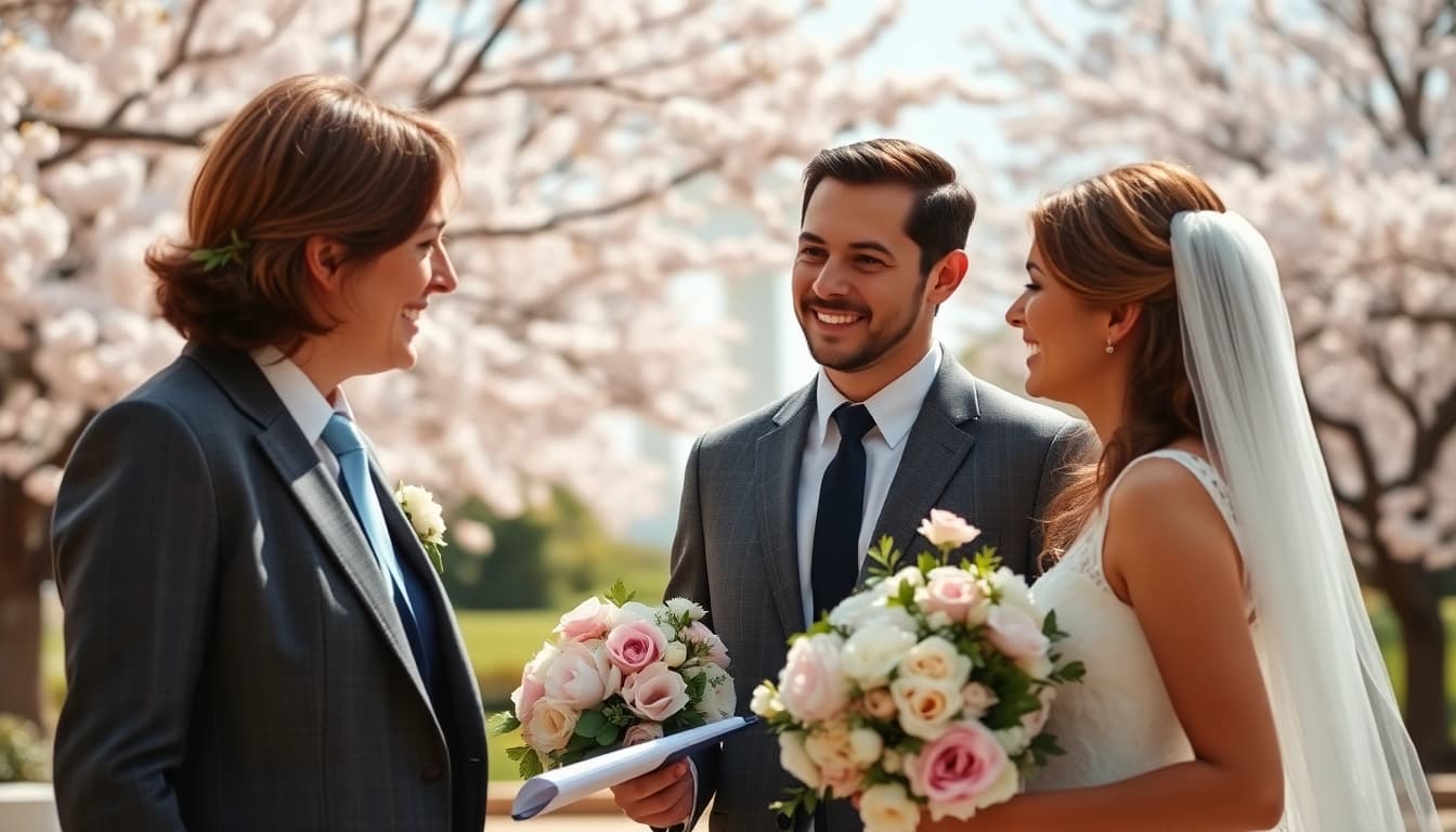 Engaging scene of Washington dc wedding coordinator assisting a couple amidst cherry blossoms.