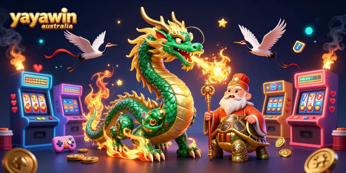 Spin the reels at yayawin australia with a dynamic scene featuring dragon, turtles, and cranes.