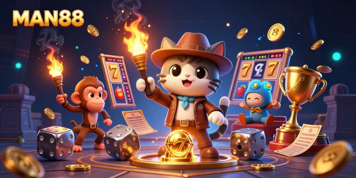 Experience thrilling gameplay at MAN88, featuring a cat explorer uncovering casino treasures in a vibrant scene.