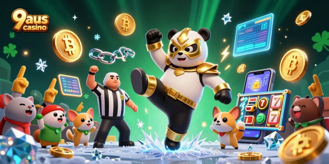 Join the fun at 9aus casino with a cartoon panda wrestler and exciting game elements.