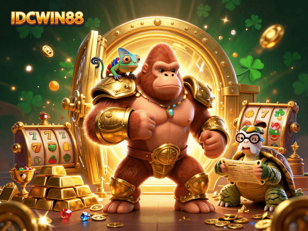 Engaging scene featuring IDCWIN88's cartoon characters with slot machines, treasures, and gems.