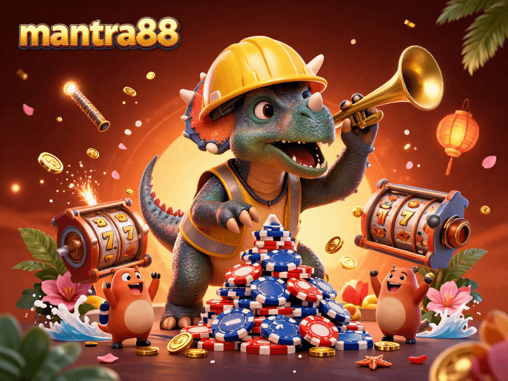 Experience the thrill of mantra88 with a fun scene of colorful gambling elements and dinosaur characters.