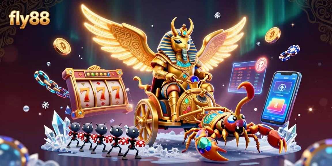 Experience the excitement at fly88 with vibrant slot reels and a colossal scarab beetle in a dynamic casino scene.