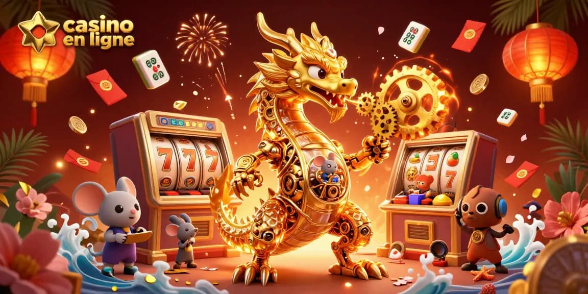 Jouez au casino en ligne avec un dragon flamboyant entouré de rouleaux de machines à sous.