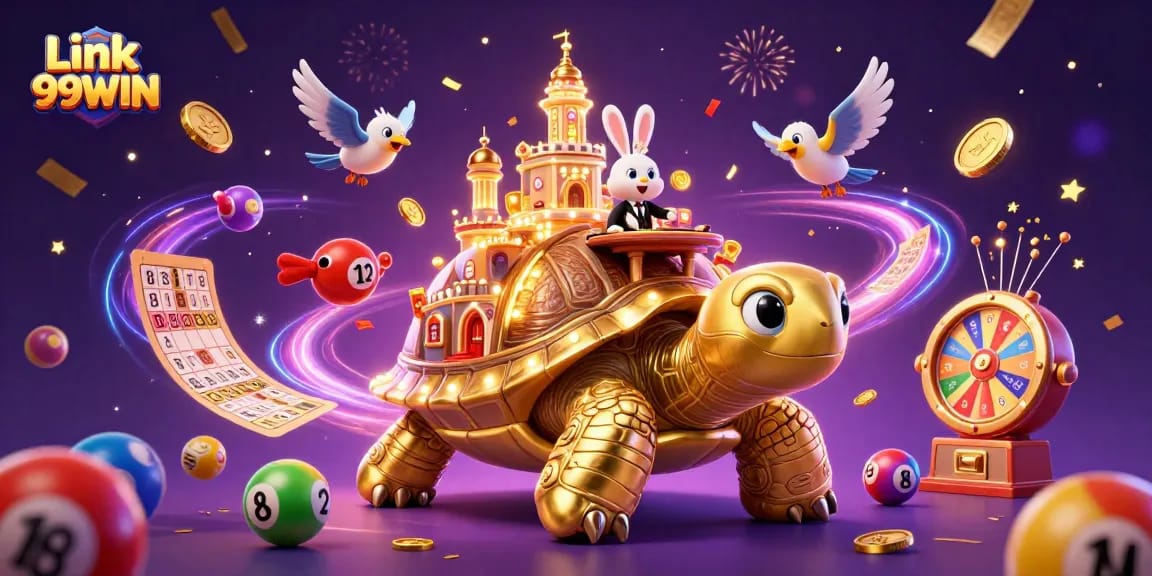 Engage with Link 99WIN in a vibrant illustration of a tortoise casino with a rabbit dealer.