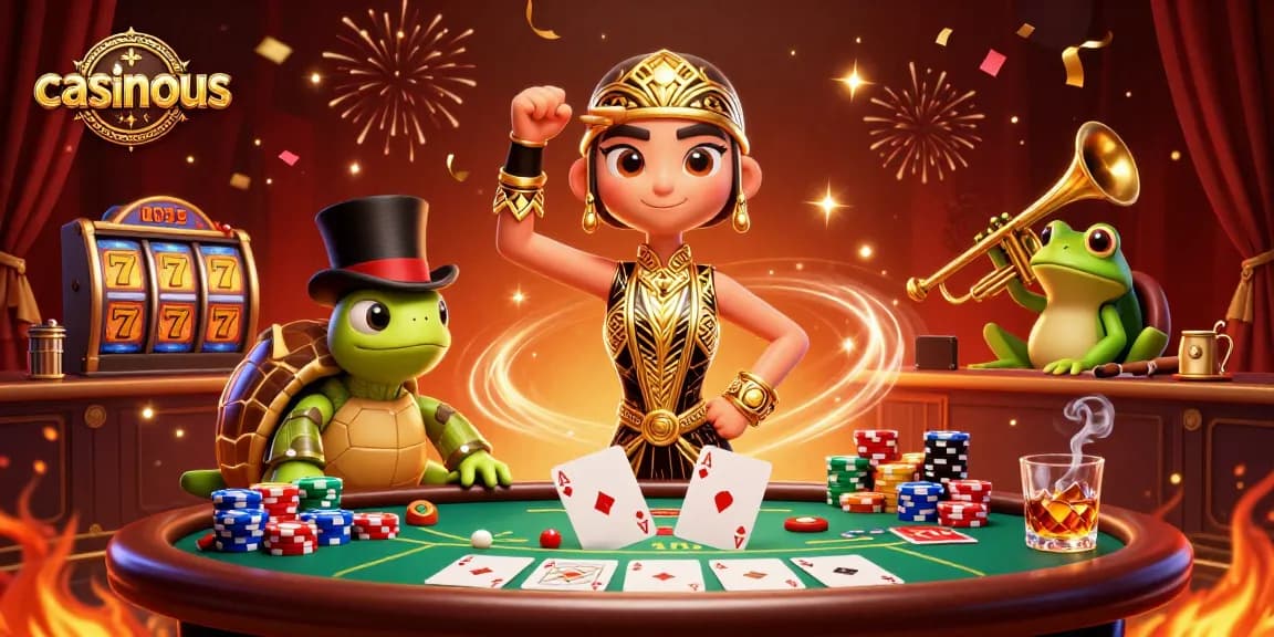 Casinous presents a vibrant 3D illustration featuring a flapper crane, a turtle, and a frog at a poker table amidst dynamic casino elements.