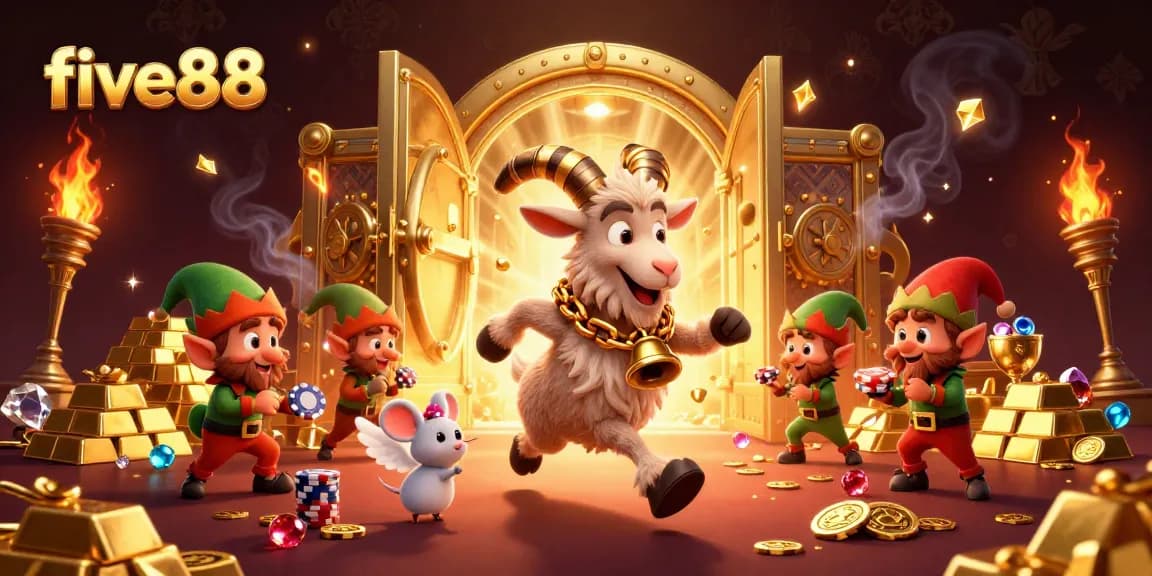 Join the fun at five88 casino with a unique scene featuring Krampus, an angel mouse, and greedy gremlins!